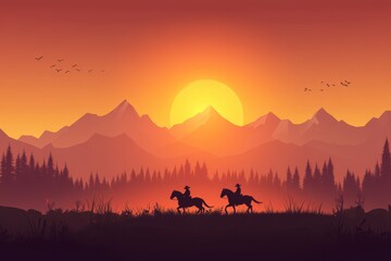 Naklejka premium Sunset silhouette of a cowboy riding a horse with mountains and sky in the background