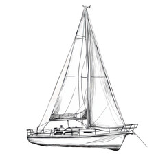 Single Sail Yacht Boat Sketch: A simple, clean raster illustration of a single-sail yacht, perfect for nautical designs. Transparent background.