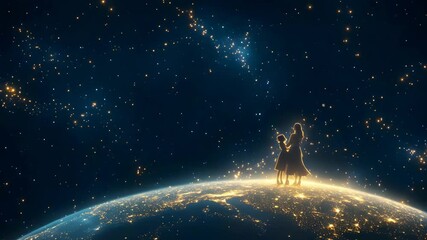A mother and daughter stand together on a globe surrounded by twinkling stars, sharing a moment of awe and curiosity about the universe. Their bond is highlighted against the vastness of space. - Powered by Adobe