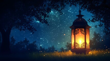 Glowing Ramadan lanterns under a stunning starry background, peaceful night scene, extra space reserved for text
