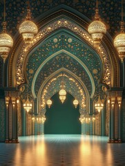 Illuminated Islamic Lanterns in Vibrant Green Backdrop