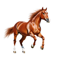 Obraz premium Majestic Chestnut Horse galloping gracefully in a vibrant green meadow under a clear blue sky with flowing mane and tail