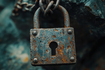 Rusty padlock hanging from metal chain symbolizing security and protection