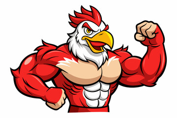 Muscular Cartoon Rooster Flexing Biceps with Angry Expression – Fun and Bold Character Illustration