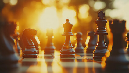 A dramatic close-up of a chess king piece on a chessboard at sunset.