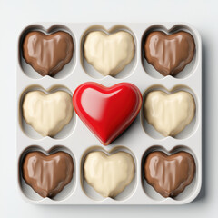 Delightful heart shaped cho tes in box, featuring vibrant red center. Perfect for gifts or celebrations, these treats evoke love and sweetness. Valentines Concept
