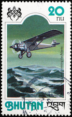 The Spirit of Saint Louis crossing the Atlantic on postage stamp