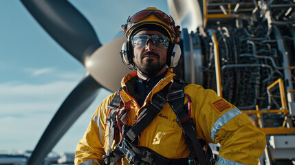 Fototapeta premium Maintenance engineer in safety gear stands confidently near aircraft engine
