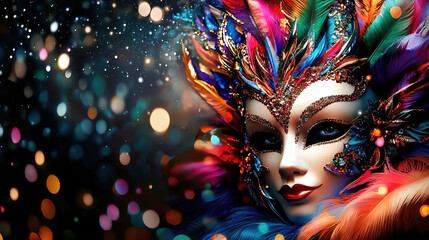 Carnival is a vibrant festival of artistic expression. People wear colorful masks. Colorful Masked Woman in Vibrant Carnival Costume