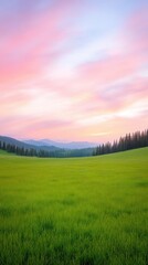 Fototapeta premium Vibrant Sunset Over Lush Meadow with Rolling Hills and Forest Silhouette in Artistic AR 916 Style for Nature Landscapes and Serene Outdoor Wall Art Photography
