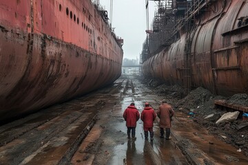 Workers Inspect Abandoned Shipyard with Giant Rusting Vessels Surrounded by Industrial Decay and Overcast Skies, Capturing the Essence of Maritime History and Labor.