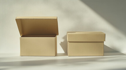Open and Closed Two cardboard boxes isolated on white background.