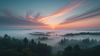 Fototapeta premium Golden Hour Serenity: A breathtaking aerial view of a misty forest bathed in the warm glow of a sunrise. The clouds above create a dramatic backdrop for this tranquil scene. 