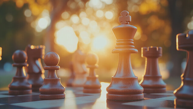 A dramatic close-up of a chess king piece on a chessboard at sunset.