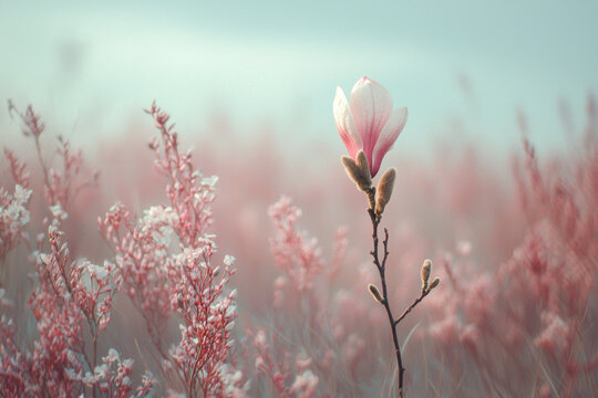Blooming magnolia flower standing out in a field of pink flowers