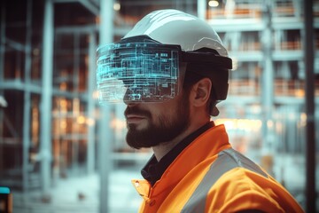 Construction worker in a futuristic construction site, using an augmented reality headset and interacting with a holographic AI displaying blueprints