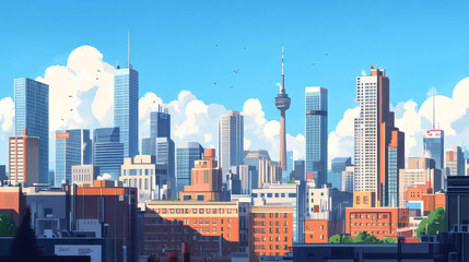 Urban cityscape panoramic banner vector cartoon illustration with buildings, city skyline with skyscraper and tower architecture, megapolis landscape, town scenic background with blue sky