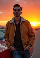 Fototapeta premium Young man in sunglasses leans against a classic car at sunset on the highway