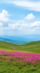 Scenic View of Balkan Mountains and Pink Wildflowers Under a Clear Summer Sky with Rolling Hills and Clouds Capturing the Tranquil Beauty of Nature and Mountain Landscape Photography