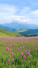 Obraz premium Breathtaking View of Balkan Mountains with Vibrant Pink Flowers Under a Clear Summer Sky Perfect for Nature and Travel Enthusiasts