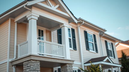A tan-colored, two-story house with white trim and a white balcony on the second story. Black shutters adorn the windows. A portion of an adjacent house is visible. The sky is a light blue.