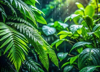 Lush Rainforest Plants Bathed in Gentle Rain - Vibrant Green Foliage & Exotic Flora
