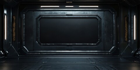 Fototapeta premium Dark Sci Fi Spaceship Interior Room Futuristic Metal Wall Panel Empty Space