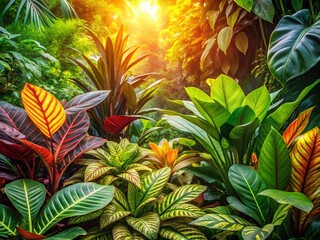 Fototapeta premium Lush Tropical Foliage Plants: Vibrant Green Leaves and Exotic Flowers in a Sunny Paradise