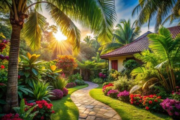 Fototapeta premium Lush Tropical Garden Path Leading to House - Stock Photo