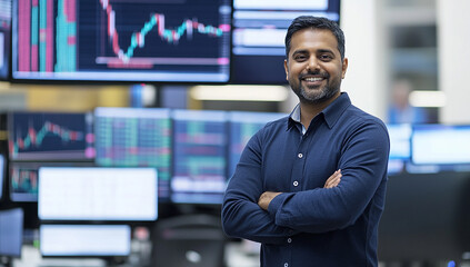 Fototapeta premium Confident Businessman in a Busy Trading Room