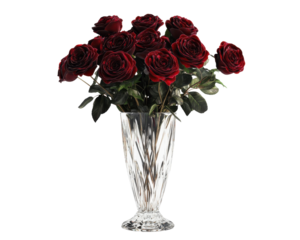 Bouquet of red roses in a crystal vase, white isolate background.