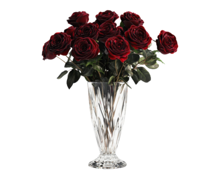 Bouquet of red roses in a crystal vase, white isolate background.