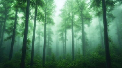 Fototapeta premium Mysterious Enchanted Foggy Forest With Tall Trees Creating a Mystical Atmosphere During Early Morning Misty Sunrise Journey Through Nature and Wildlife