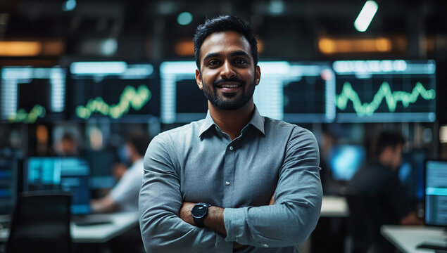 Confident Businessman in a Busy Trading Room