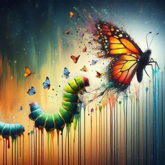 Transformation A caterpillar becoming a butterfly with paint spl