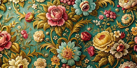 Luxurious 3D Brocade Wallpaper: Ornate Floral Pattern with Long Exposure Effect
