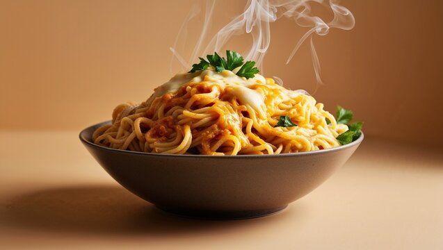 A steaming hot bowl of Mie noodles smothered in a generous helping of melted cheese, with a sprinkle of parsley adding a pop of freshness, against a warm beige background