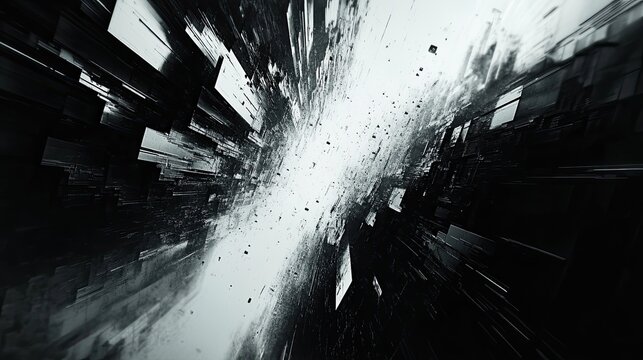 Abstract monochrome distortion with interlaced motion glitches. A futuristic, grunge-inspired design blending retro 90s aesthetics with brutal cyberpunk vibes. 