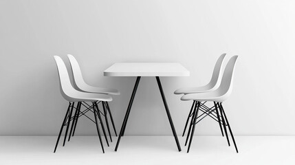 Booth square table and four chairs made from white plastic top and black legs for cafe or exhibition display. Realistic vector illustration of empty furniture for advertising and corporate