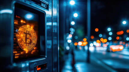 Obraz premium up close look at sleek Bitcoin ATM illuminated at night, showcasing its modern design and vibrant surroundings