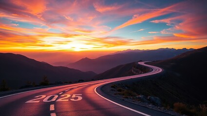 Naklejka premium Winding Road Ahead Towards A Vibrant Sunset In 2025