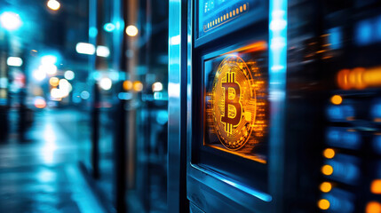 Obraz premium up close look at sleek Bitcoin ATM illuminated at night, showcasing technology and innovation