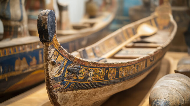Ancient Egypt wooden boat with paddle for sun god trip cartoon vector illustration. Egyptian culture religious symbol, decorated barque with oar for ancient god, day and night change metaphor