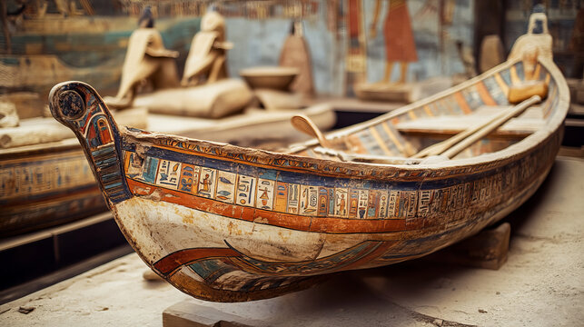 Ancient Egypt wooden boat with paddle for sun god trip cartoon vector illustration. Egyptian culture religious symbol, decorated barque with oar for ancient god, day and night change metaphor