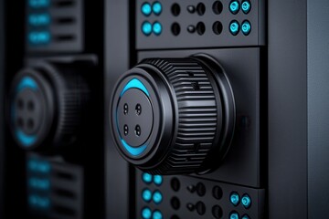 Concept of safety and confidentiality of personal security. A close-up image of a control knob with illuminated blue accents, suggesting high-tech audio or video equipment.