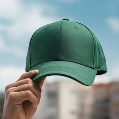Mockup of man hand holding bright green color plain baseball cap against sky background