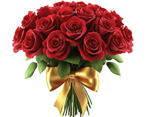 Obraz premium Bouquet of red roses with green leaves and a golden ribbon on a white background.