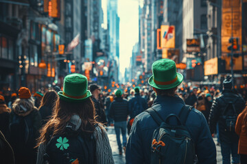Obraz premium Tourists celebrating saint patrick's day walking down a crowded street in new york city