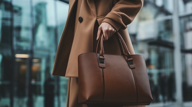 Stylish individual holding a brown handbag outside a modern building during the evening hours in an urban setting. Mocha Mousse trend color 2025