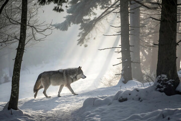 A solitary wolf walking through a misty forest or snow-covered landscape